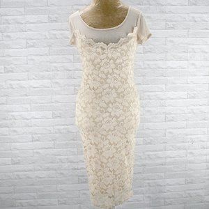 LOVE CHELSEY Dress Lace Bodycon Floral Summer Stretch Midi Neutral Tan Medium